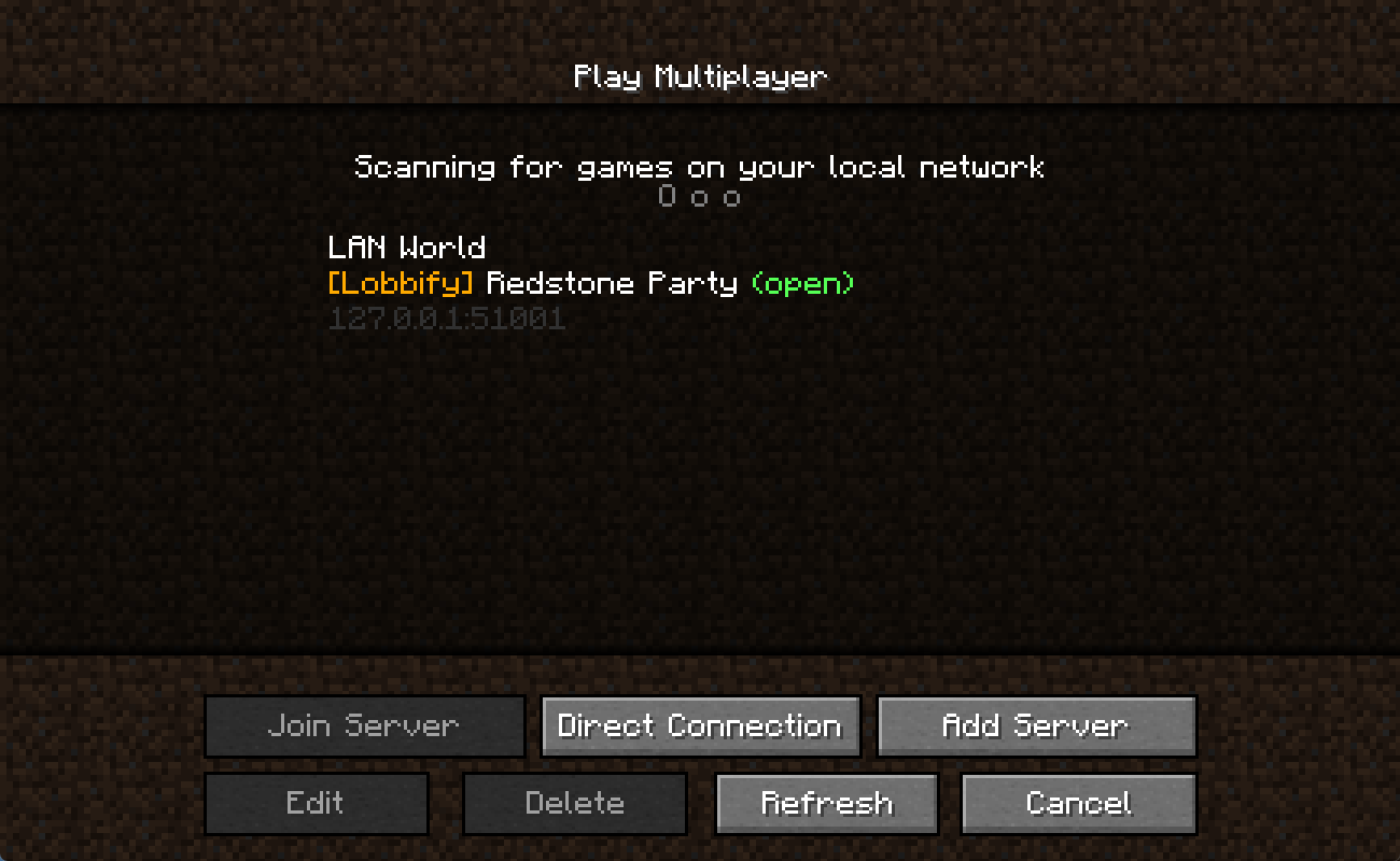 Minecraft's Multiplayer screen listing the Lobbify room under games found on the local network.