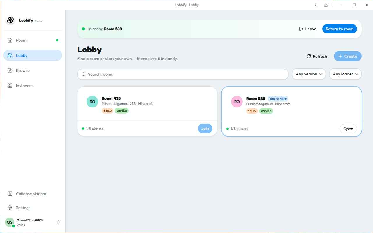 The Lobbify lobby, showing open rooms you can join and a Create button to host your own.