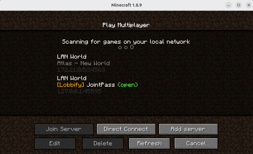 Minecraft's Multiplayer screen listing the Lobbify room under games found on the local network.