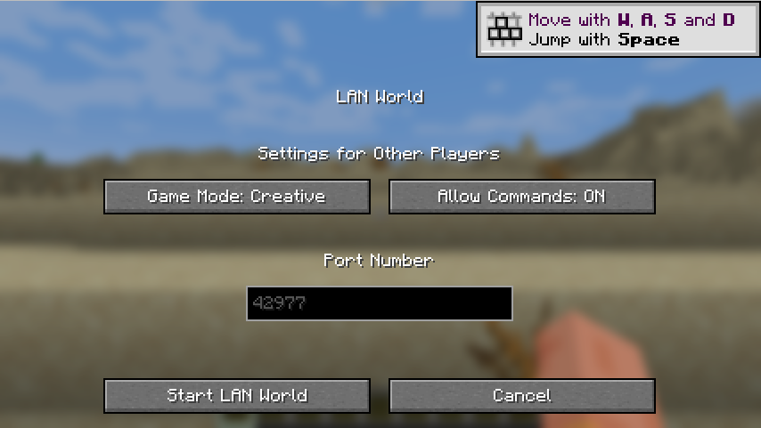 The LAN World settings screen — Game Mode, Allow Commands, and the Start LAN World button.