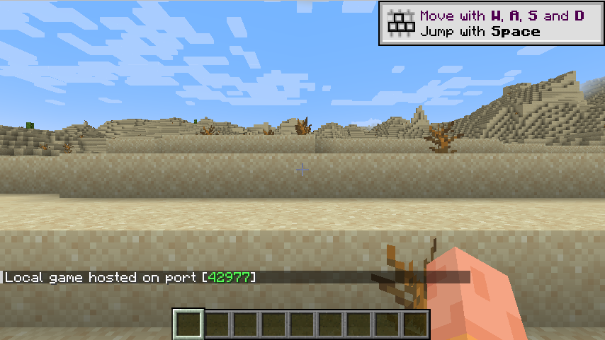 The in-game chat showing "Local game hosted on port" once the world is open to LAN.