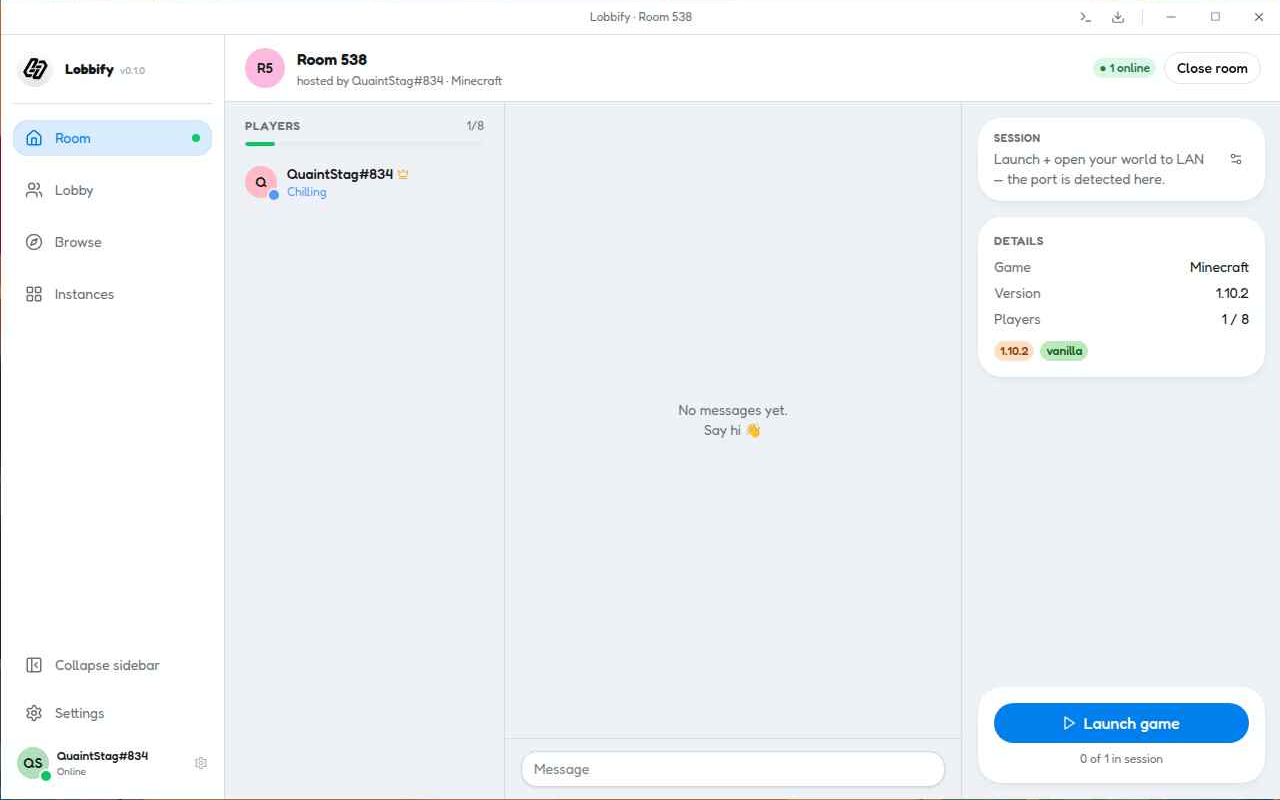 A Lobbify room with the Launch game button and a note that the world opens to LAN automatically.